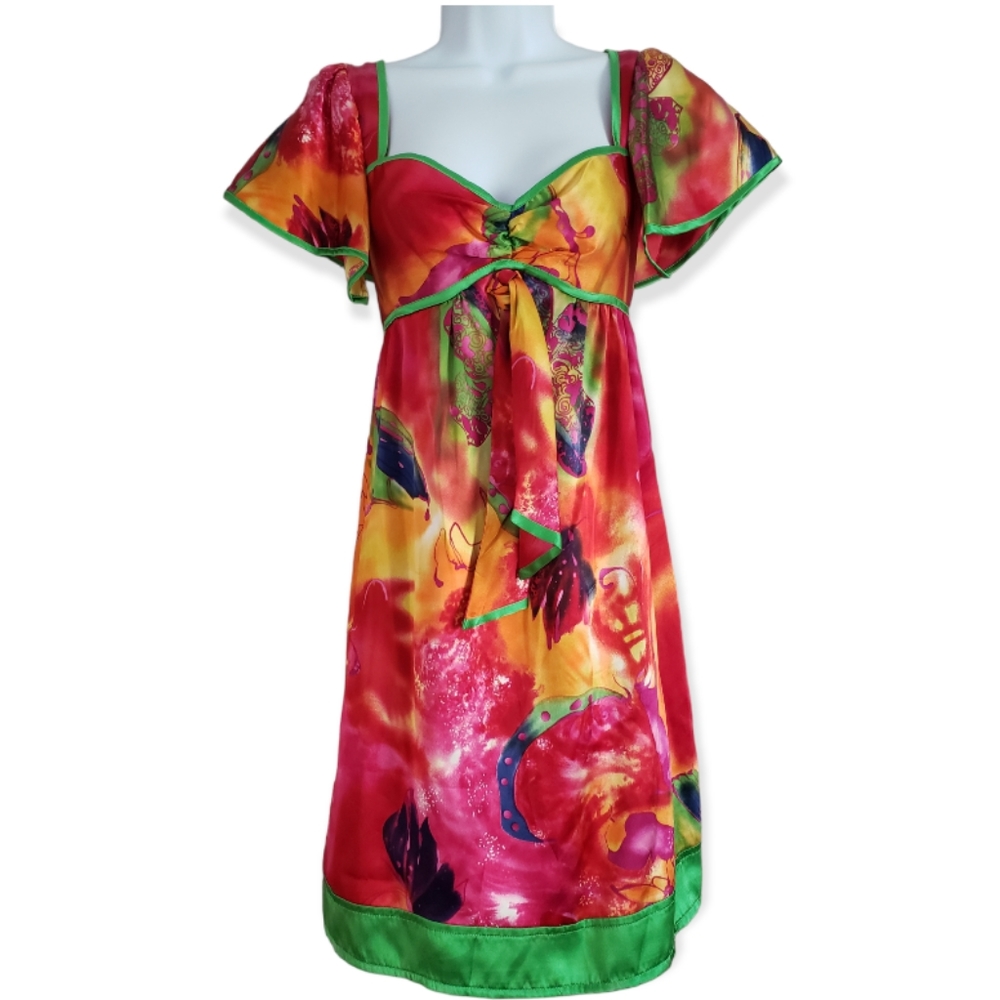YASB red pink orange & green floral smocked 100% silk dress Womens XLarge